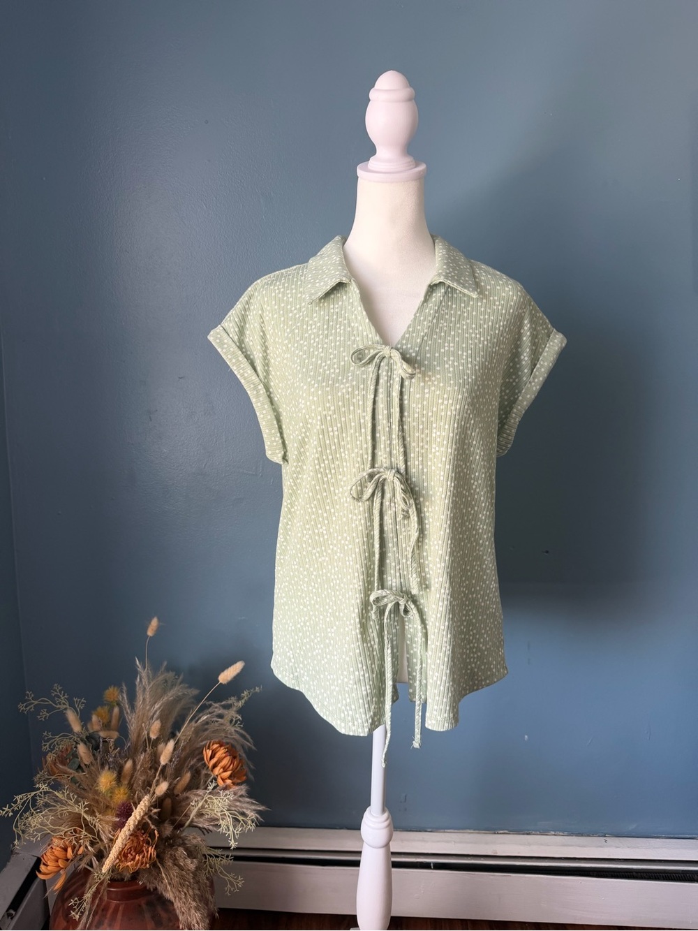 Sage Green Short Sleeve Tie-Front Button Down Blouse